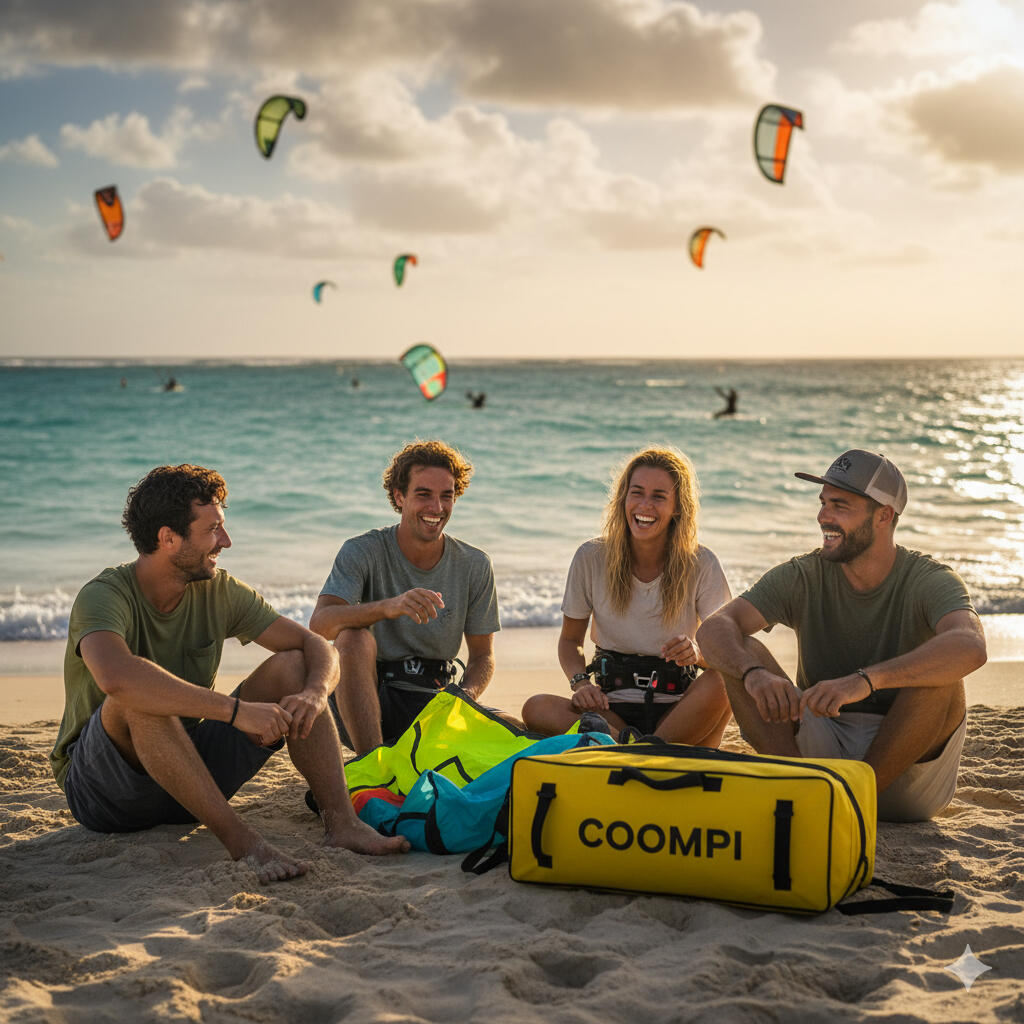 COOMPI app home screen showing global search to rent kitesurf, wingfoil and surf gear worldwide. Connect riders, shops and schools.